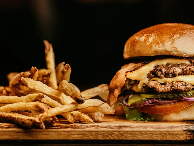 Rosemarie's Burgers classic burger and fries at a Mission Beach diner