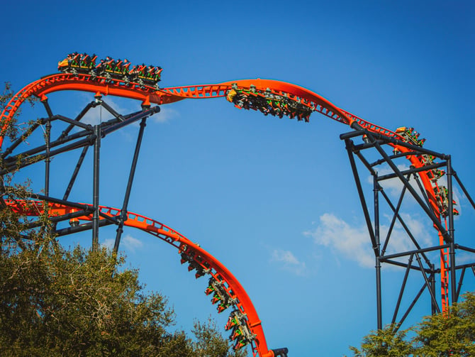 Roller coaster riders at a San Diego theme park