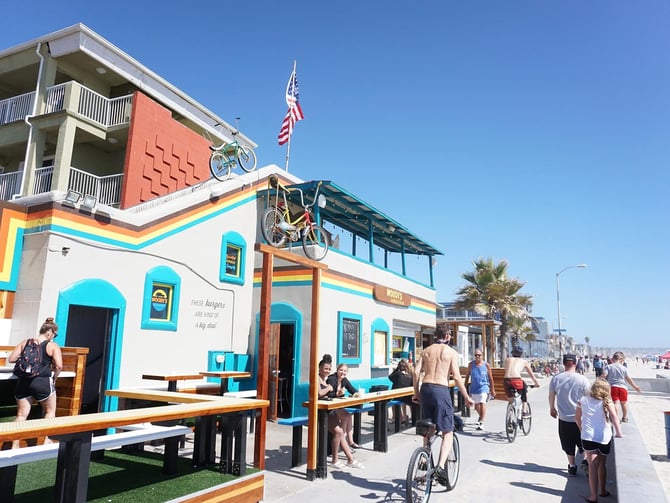 Woody's Pacific Beach outdoor bar and grill with ocean views and casual seating