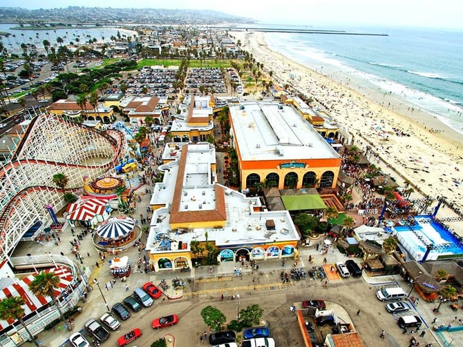 Belmont Park amusement rides and roller coaster on the Mission Beach boardwalk